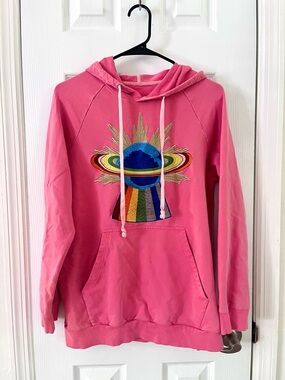 Pink Graphic Hoodie with Rainbow Planet Embroidery Size Medium